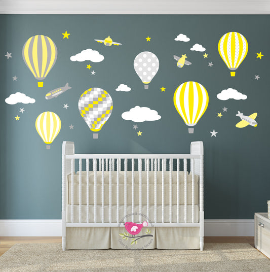 Hot Air Balloon & Jets Nursery Wall Stickers Yellow