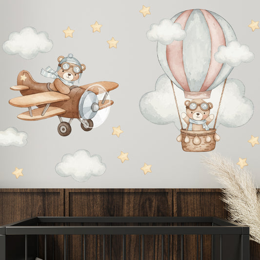 Bears Hot Air Balloon & Plane Wall Stickers