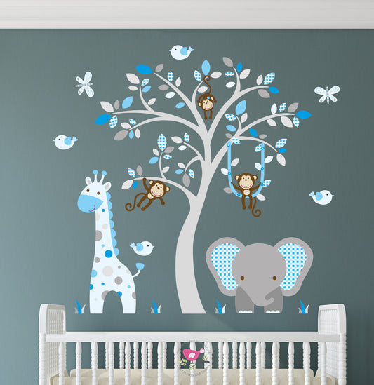 Elephant and Giraffe Blue and Grey Nursery