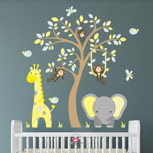 Elephant and Giraffe Blue, Yellow & Grey Nursery