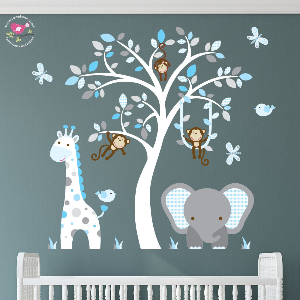 Jungle Wall Stickers Baby Boys Nursery Room Blue Grey and White