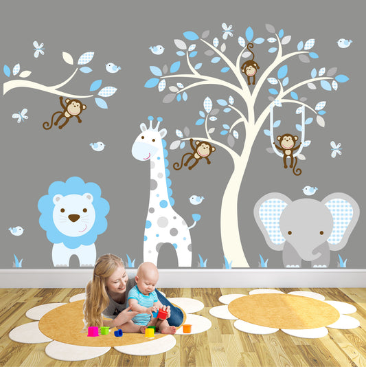 Boys Large Safari Animal Nursery Wall Stickers with Monkey Branch