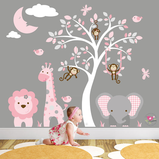 Jungle Nursery Wall Stickers with Sleeping Moon Girls