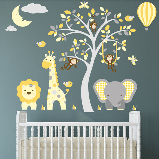 Jungle Wall Decals, Sleeping Moon and Hot Air Balloon Wall Stickers