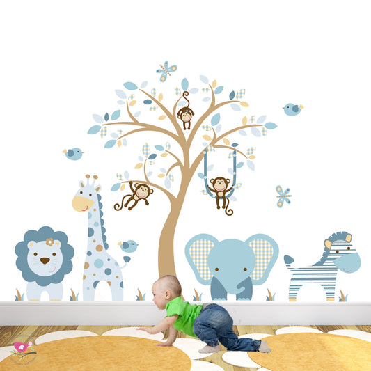 Jungle Nursery Wall Stickers Coffee Cream & Blue