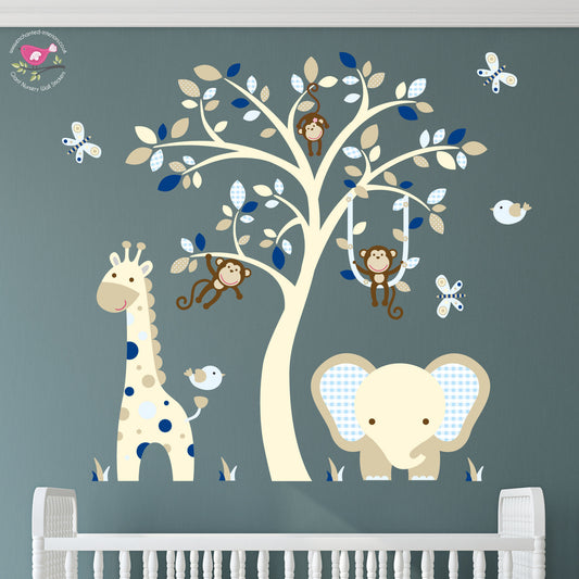 Elephant and Giraffe Cream and Blue Nursery