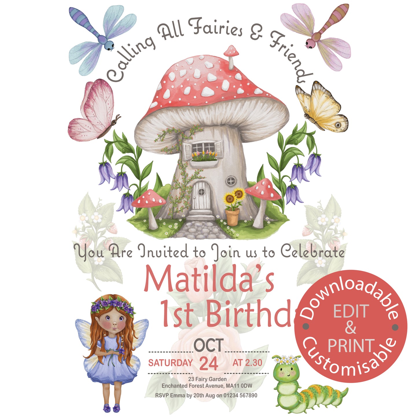 Flower Fairy Birthday Invitation - Downloadable