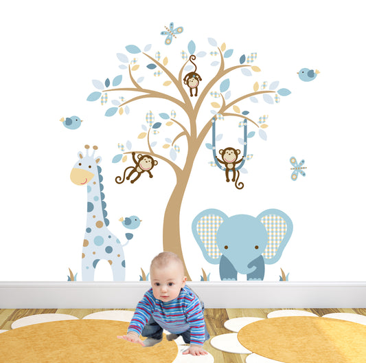 Boys Jungle Wall Stickers Coffee Cream & Blue
