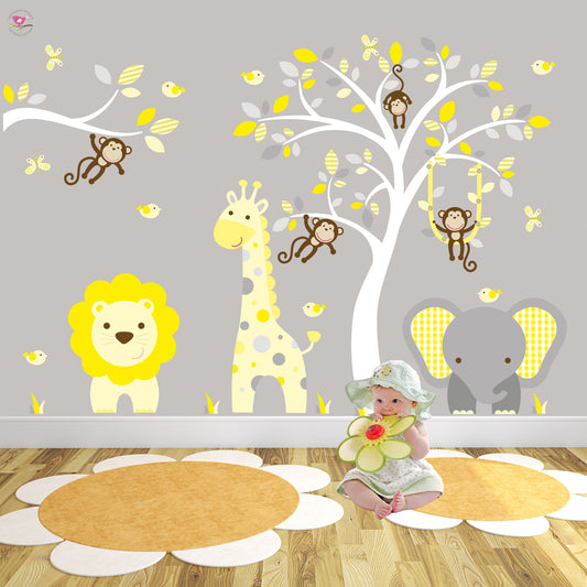 Large Safari Animal Nursery Wall Stickers with Monkey Branch
