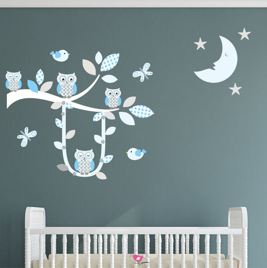 Boys Swinging Owl Branch Wall Stickers