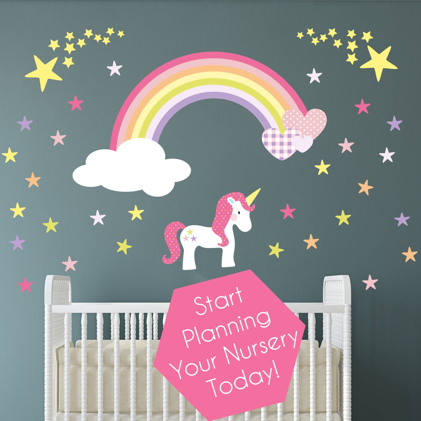 Unicorn Rainbow Hearts & Stars Nursery Wall Sticker