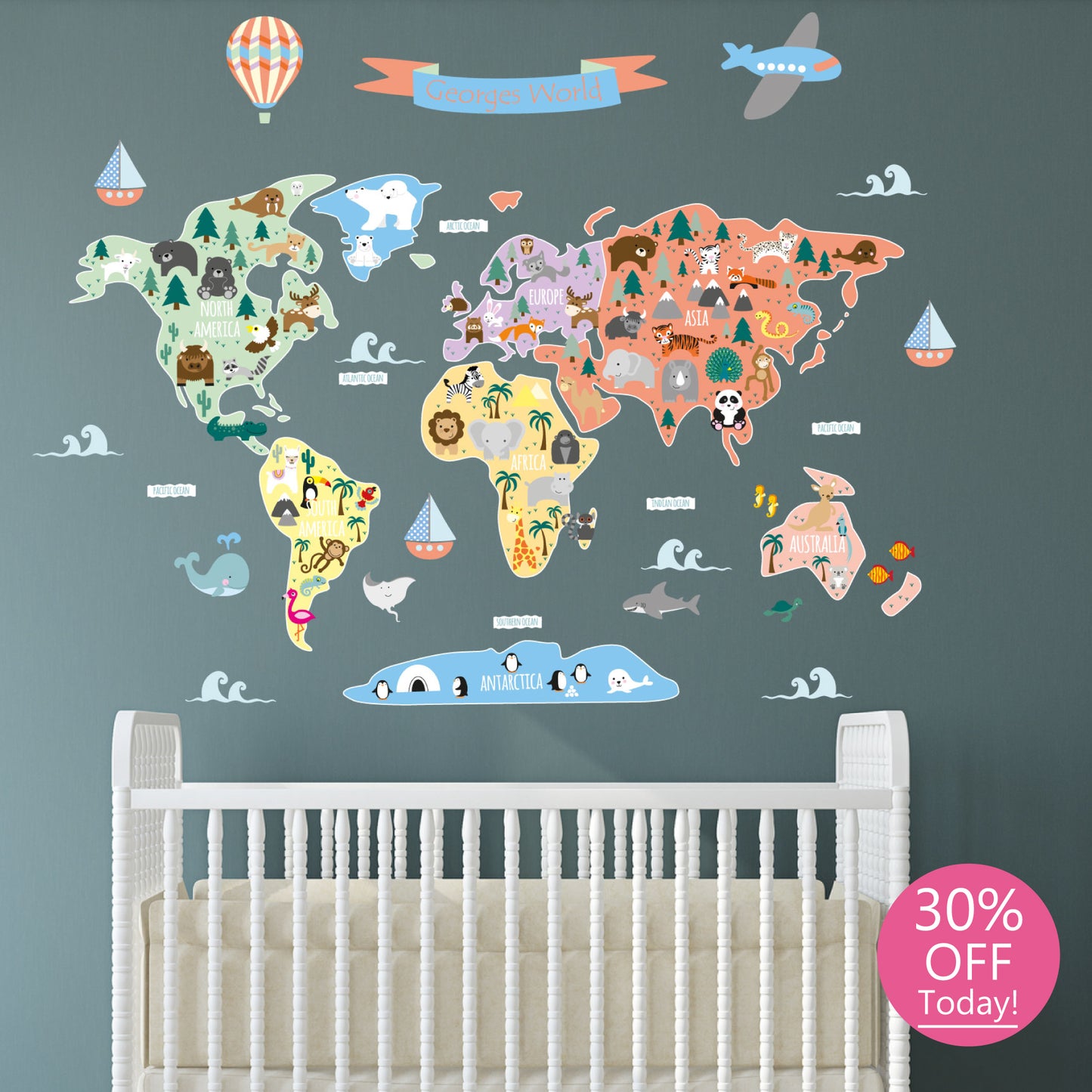 Children's Personalised Map of The World Wall Sticker