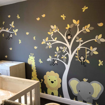 Jungle Animal Wall Decals with Branch Mustard and Grey