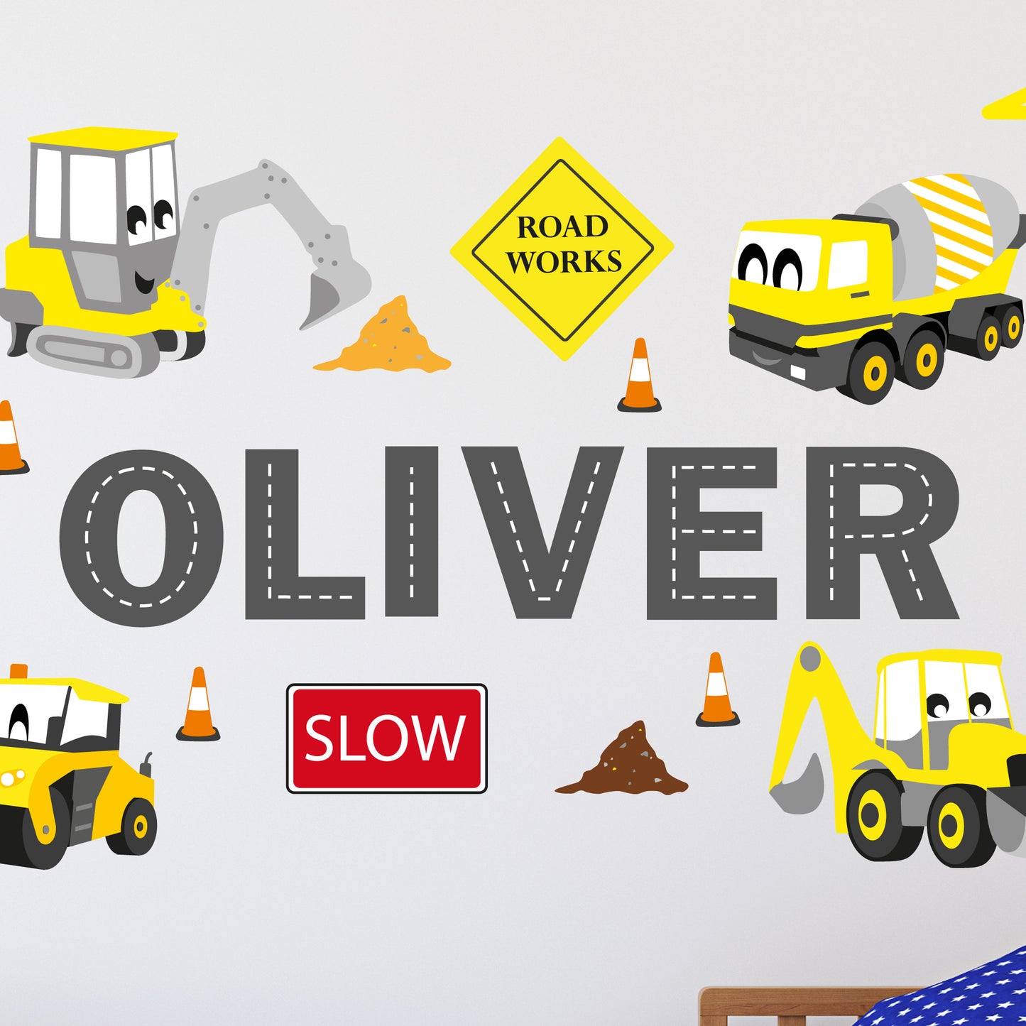 Personalised Road Letters & Diggers Wall Stickers