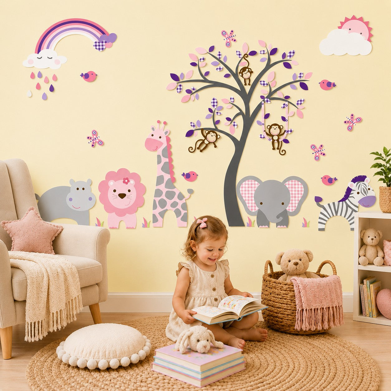 Baby Girls Jungle Wall Stickers, Rainbow and Sunshine