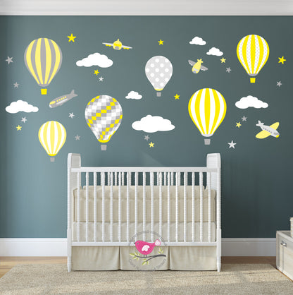 Hot Air Balloon & Jets Nursery Wall Stickers Yellow