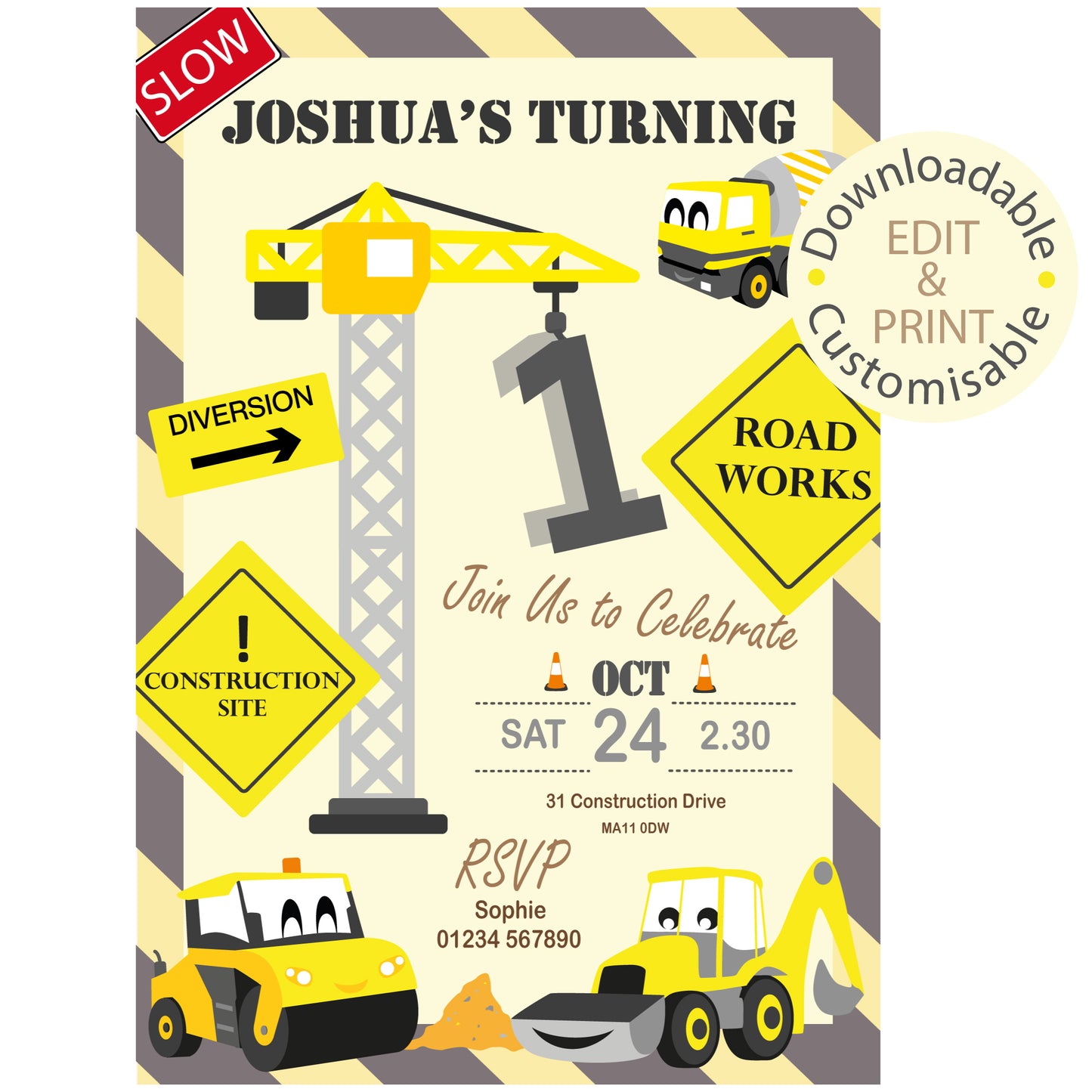 Construction Party Invite - Downloadable