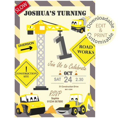 Construction Party Invite - Downloadable