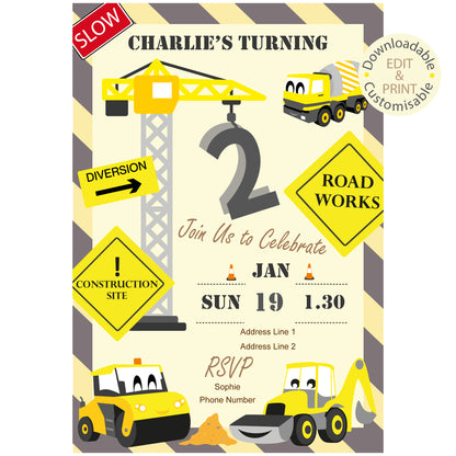 Construction Party Invite - Downloadable