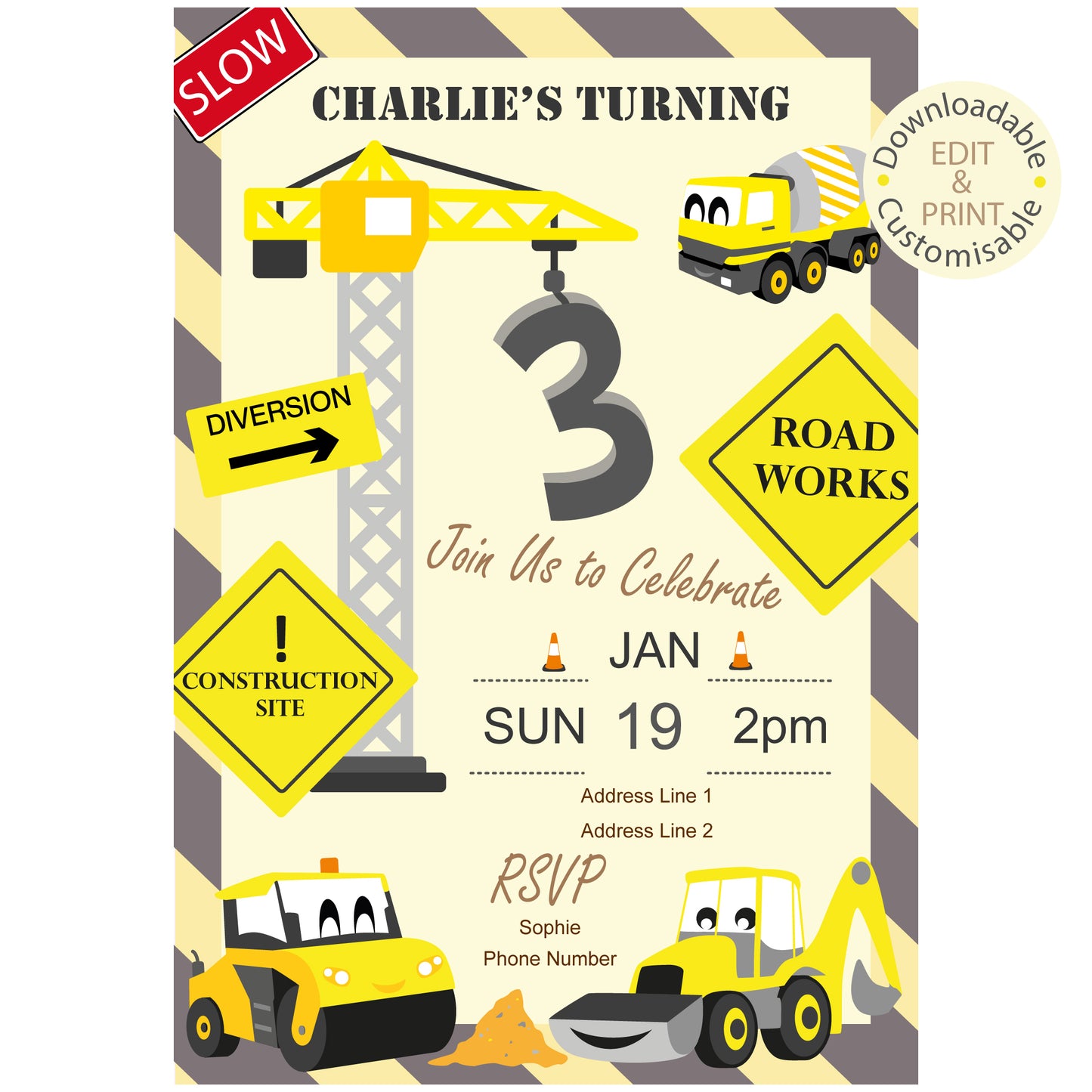 Construction Party Invite - Downloadable