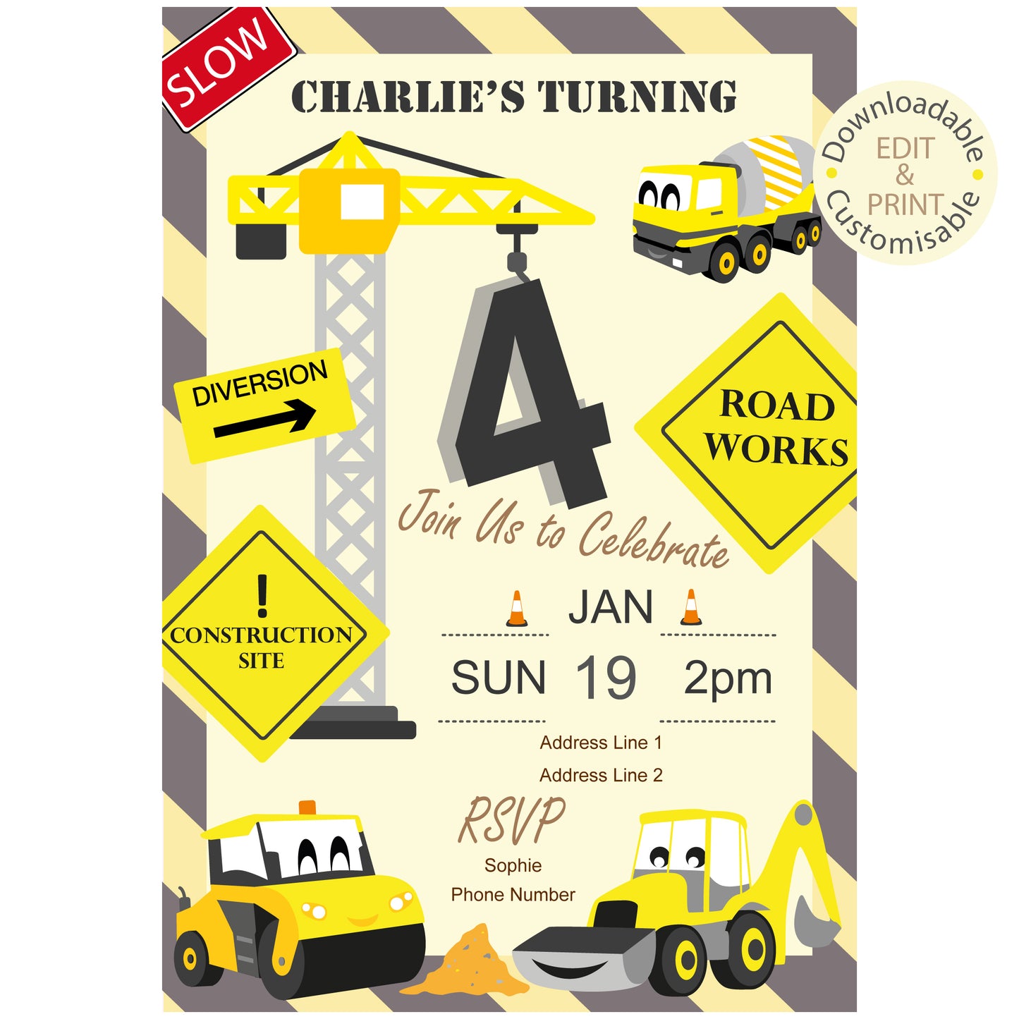 Construction Party Invite - Downloadable