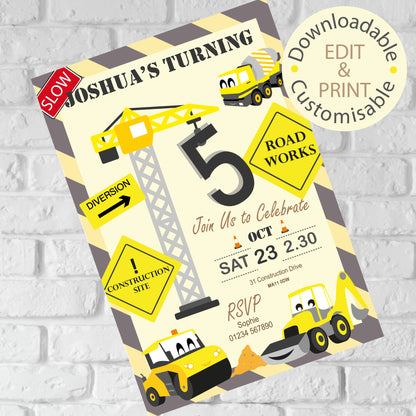 Construction Party Invite - Downloadable