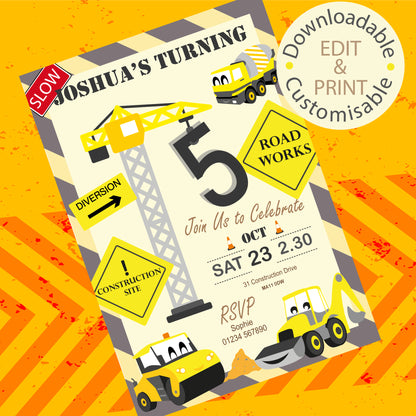 Construction Party Invite - Downloadable