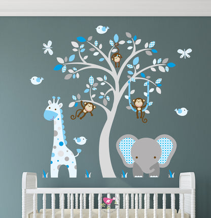 Elephant and Giraffe Blue and Grey Nursery