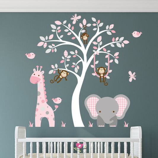 Elephant and Giraffe Pink and Grey Nursery Wall Stickers