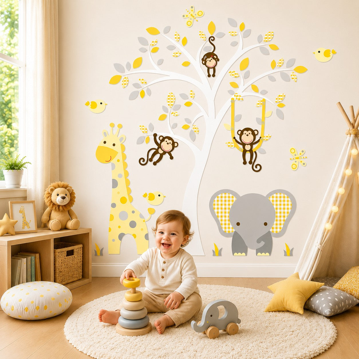 Elephant and Giraffe Yellow and Grey Jungle Nursery