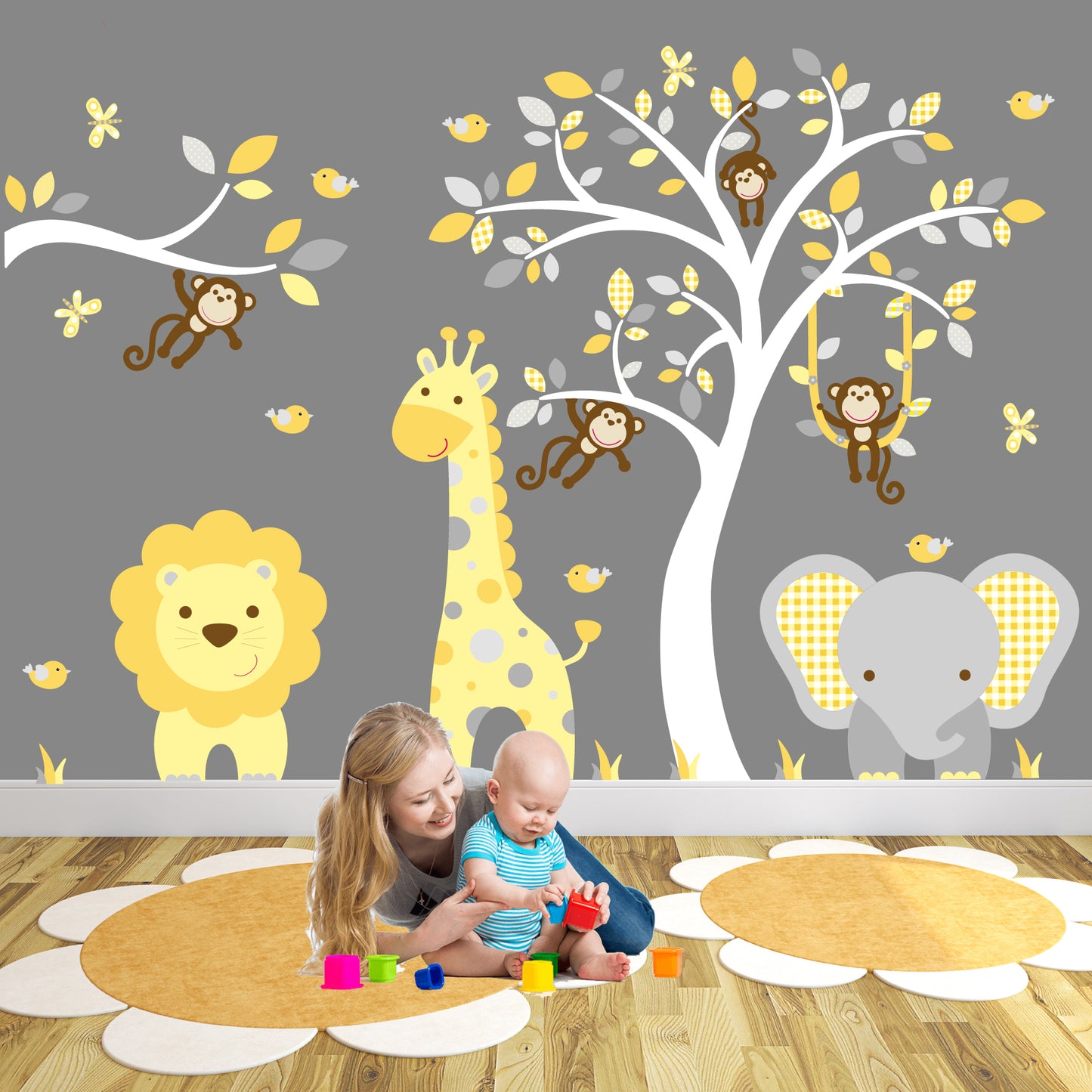 Jungle Animal Wall Decals with Branch Mustard and Grey