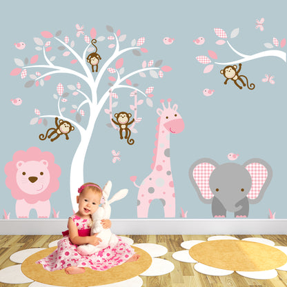 Large Safari Animal Nursery Wall Stickers with Monkey Branch Pink