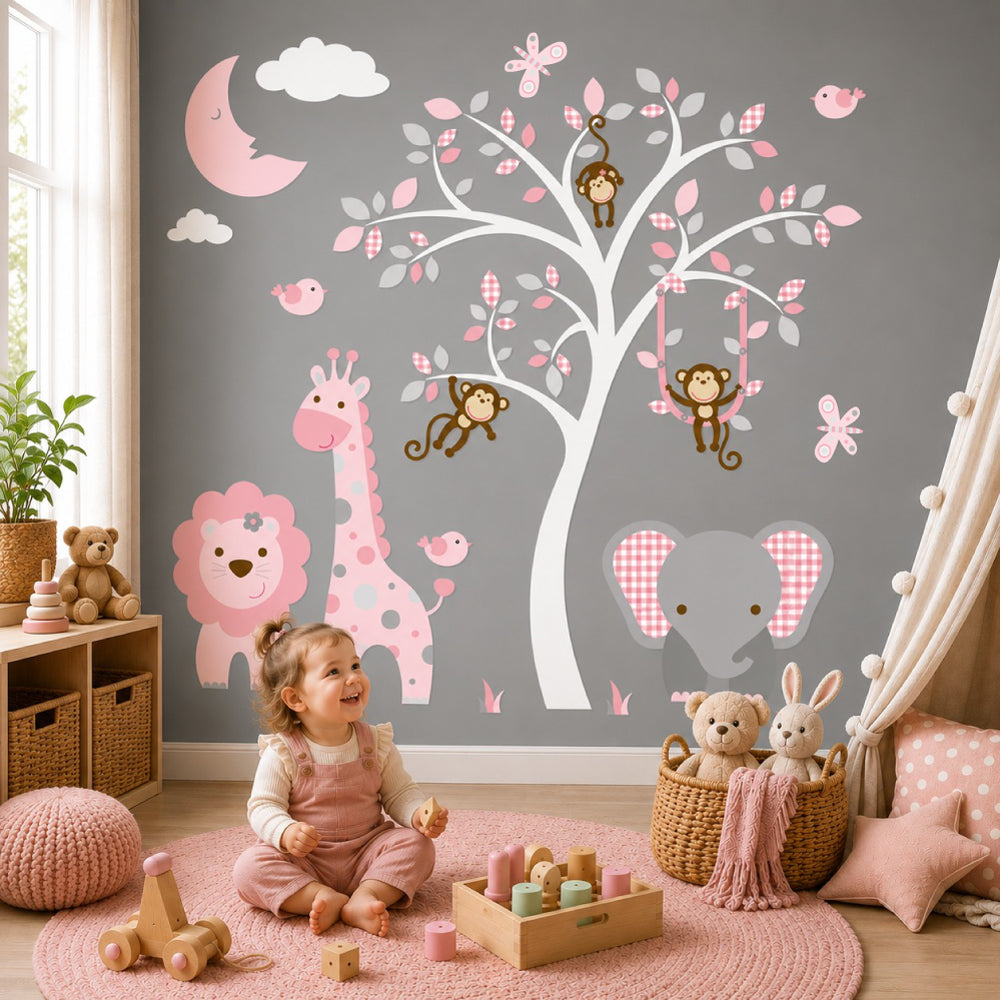 Jungle Nursery Wall Stickers with Sleeping Moon Girls