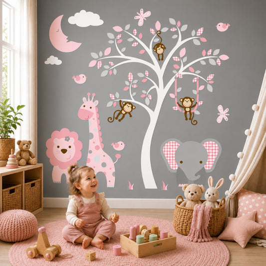 Jungle Nursery Wall Stickers with Sleeping Moon Girls