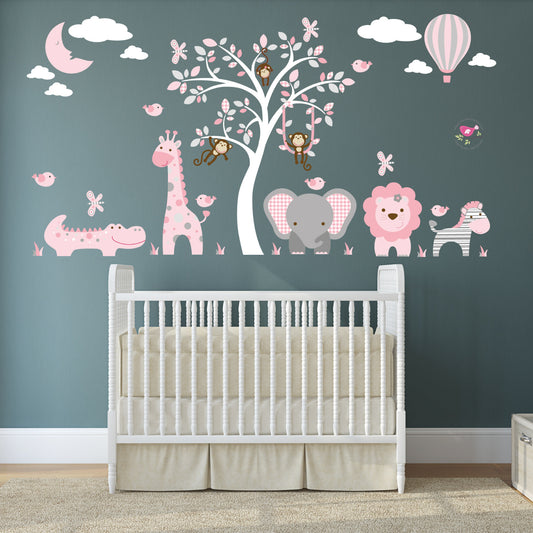 Jungle Animal Nursery Wall Decal Pink, Grey White