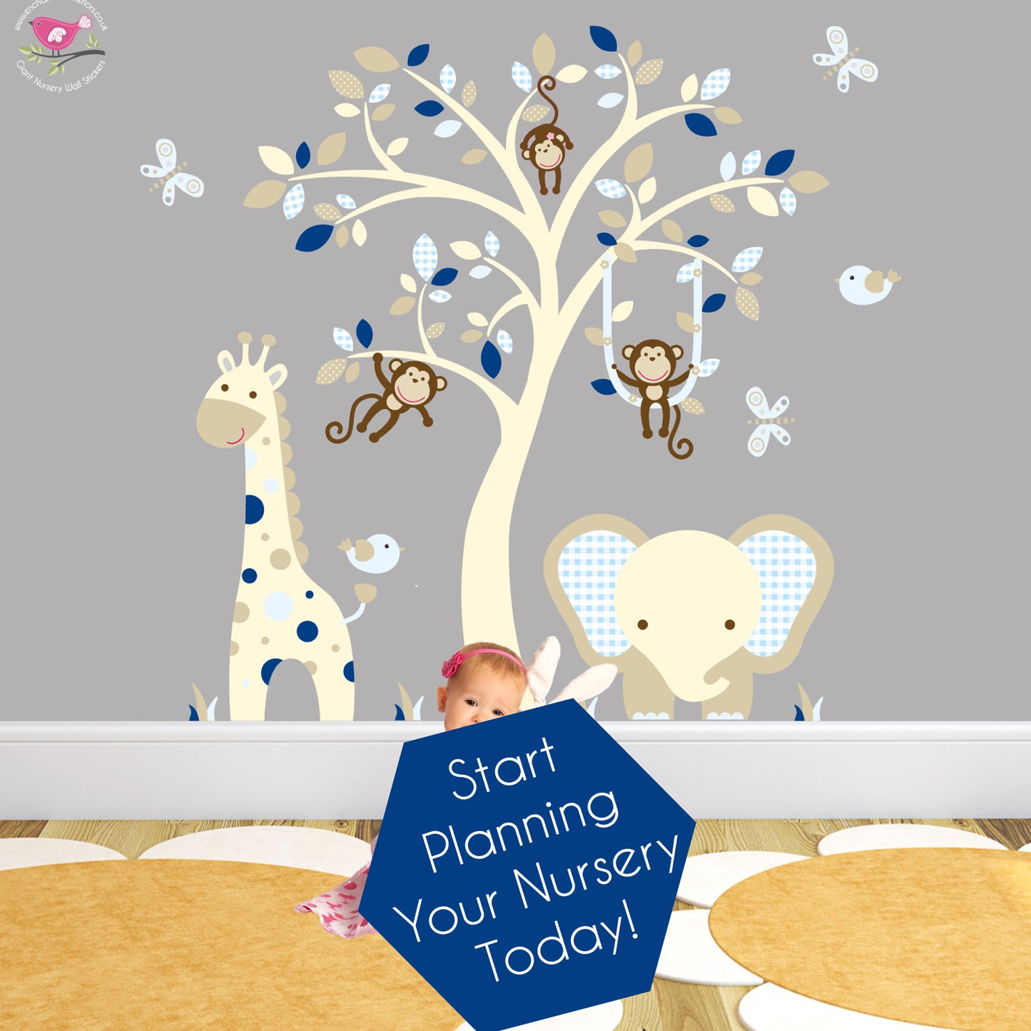 Elephant and Giraffe Cream and Blue Nursery
