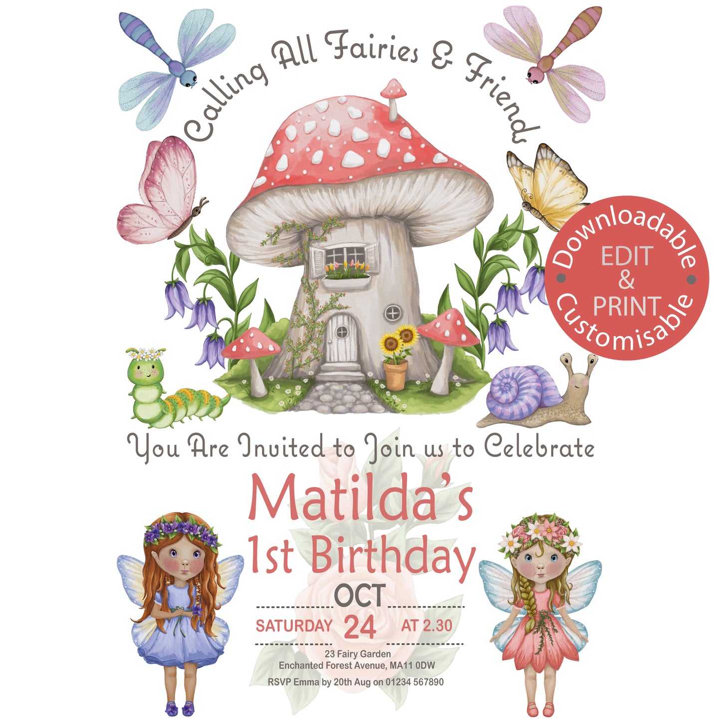 Fairy's & Friends Birthday Invitation - Downloadable