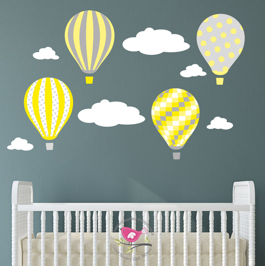 Balloons & Clouds Nursery Wall Stickers Yellow & Grey