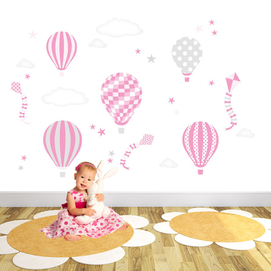 Hot Air Balloons and Kites Wall Stickers Pink and Grey Nursery
