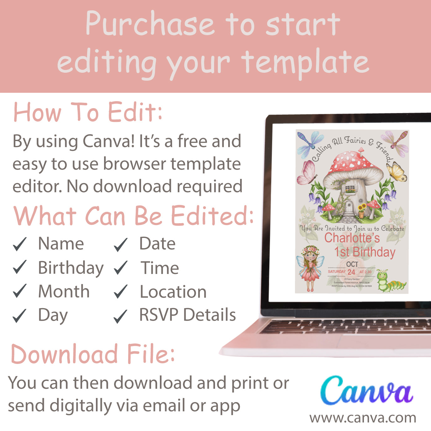 Flower Fairy Birthday Invitation - Downloadable