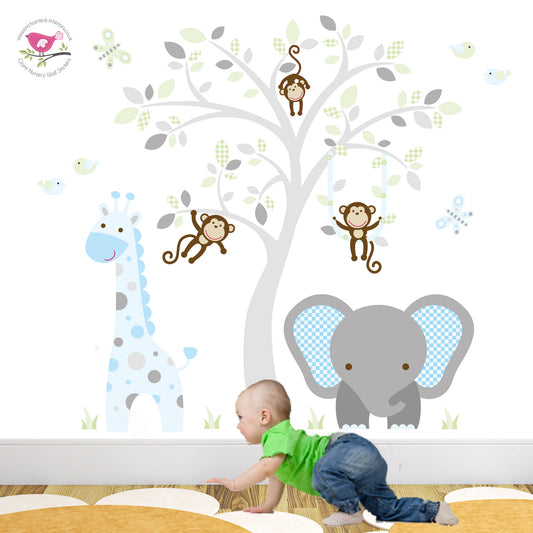 Elephant and Giraffe Mint, Blue and Grey Nursery Wall Stickers