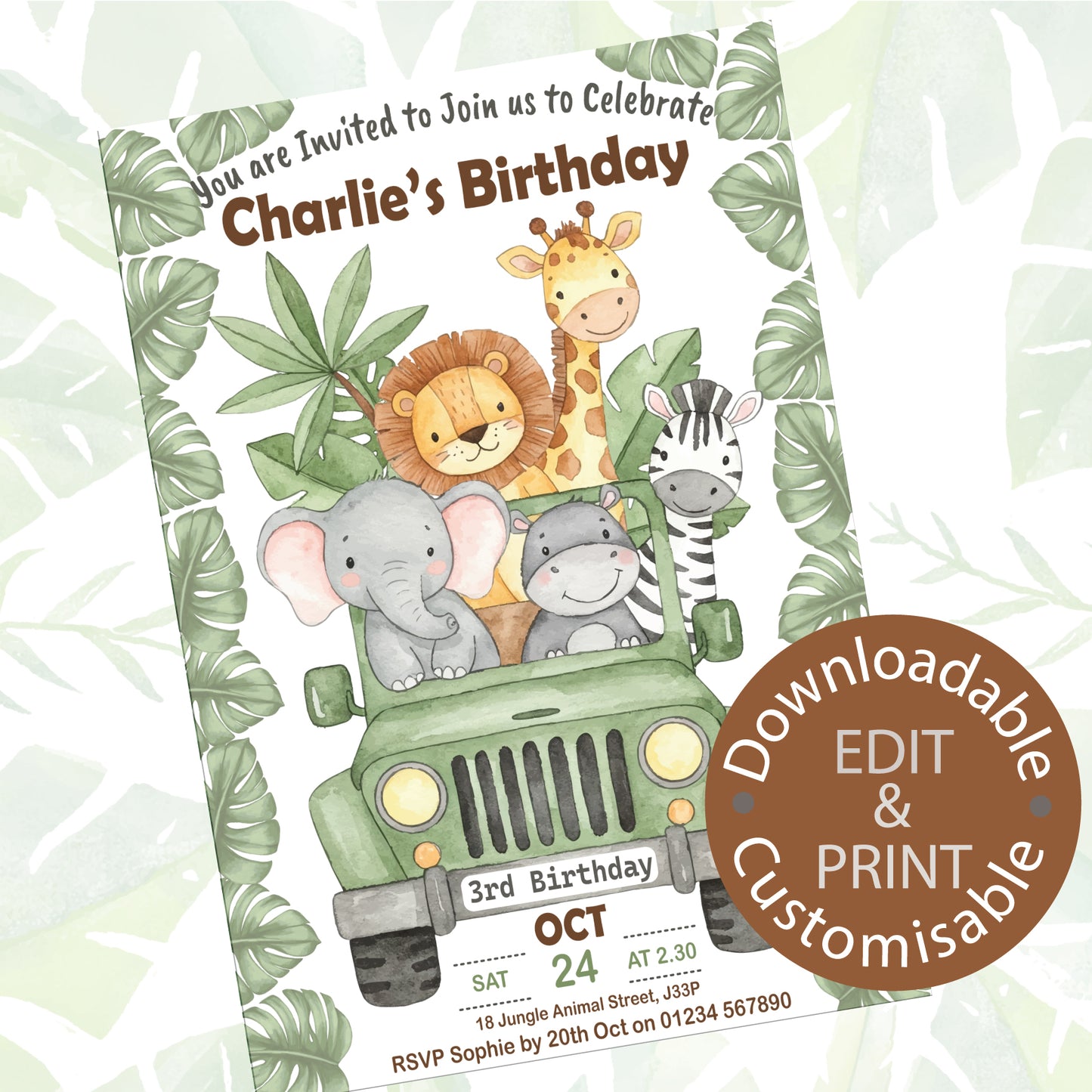Jungle Jeep Party Invite - Downloadable