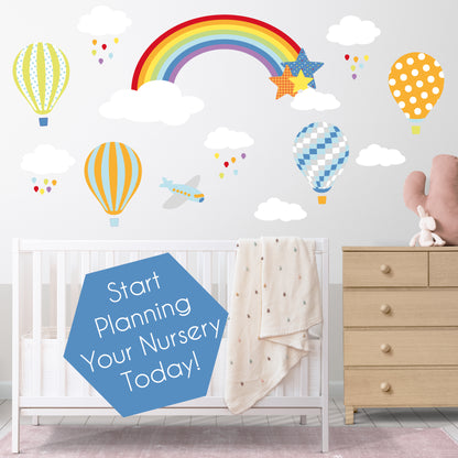 Rainbow Hot Air Balloons Jets and Raindrops Nursery Wall Stickers