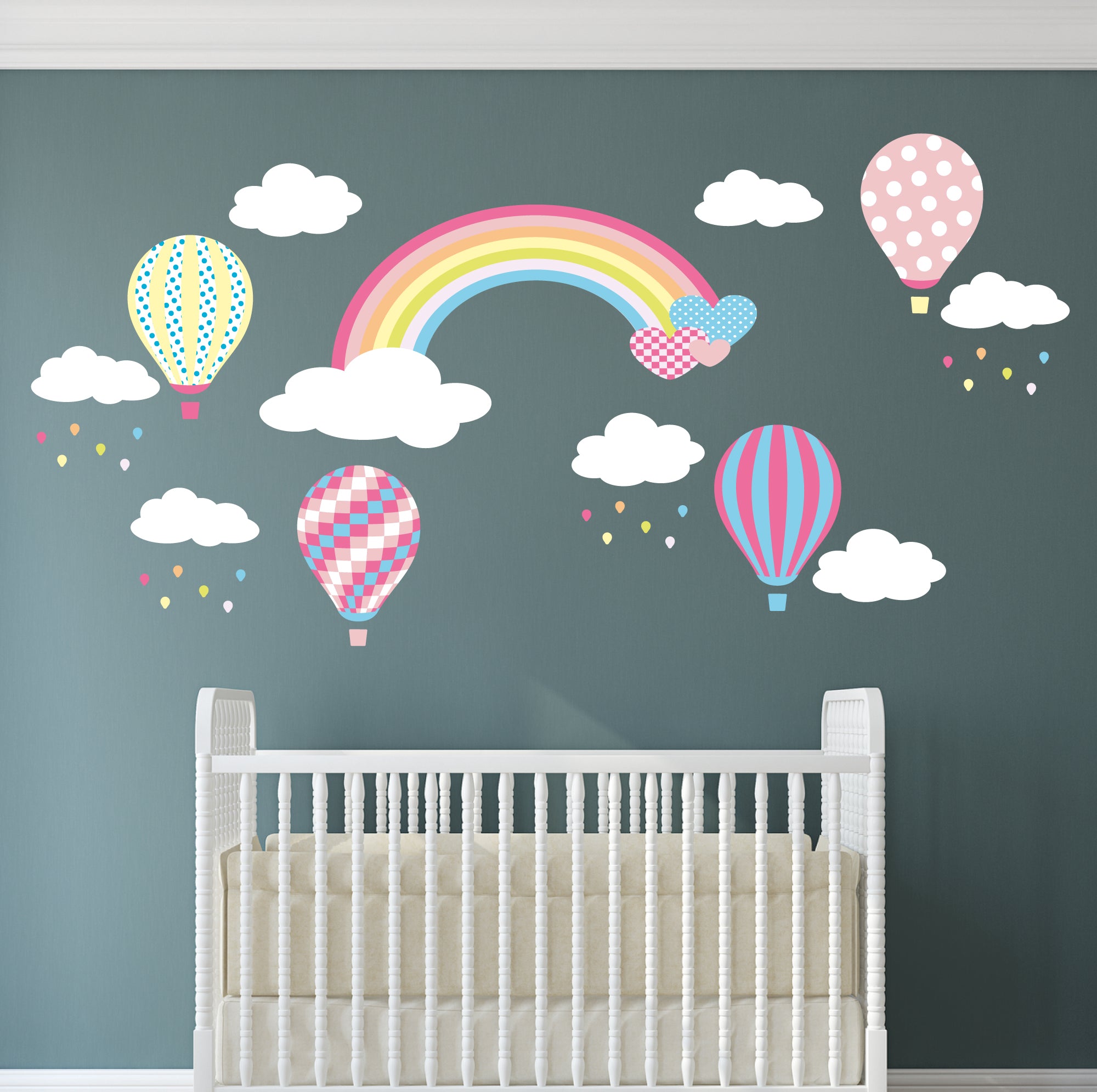 Rainbow Hot Air Balloons and Raindrops Nursery Wall Stickers ...