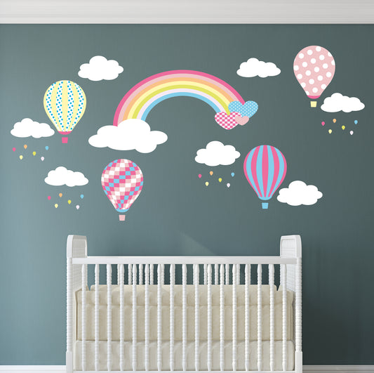 Rainbow Hot Air Balloons and Raindrops Nursery Wall Stickers