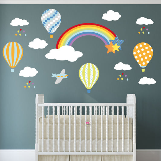 Rainbow Hot Air Balloons Jets and Raindrops Nursery Wall Stickers