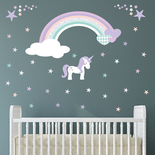 Unicorn Rainbow Hearts & Stars Nursery Wall Sticker