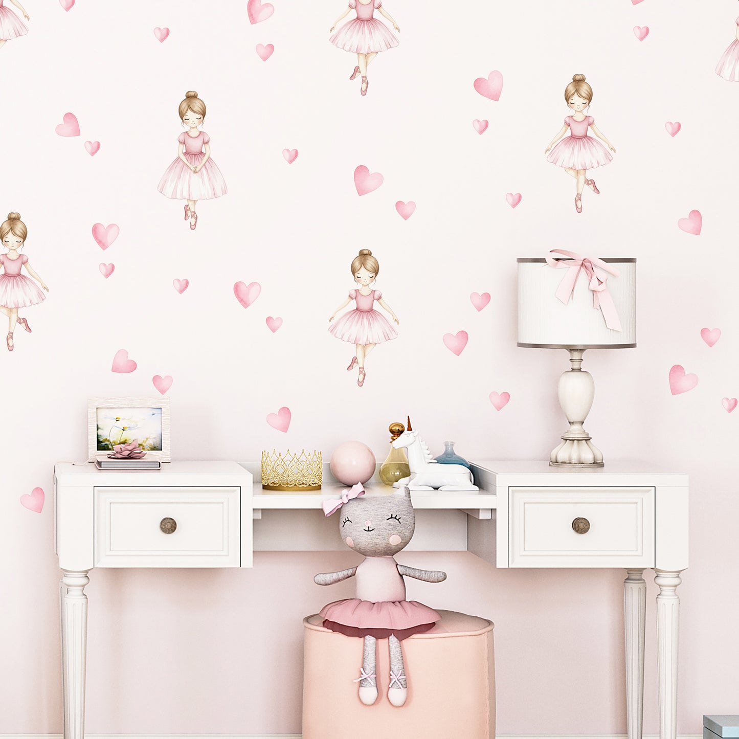 Ballerina Wall Stickers with Pink Hearts