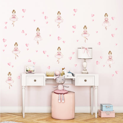 Ballerina Wall Stickers with Pink Hearts