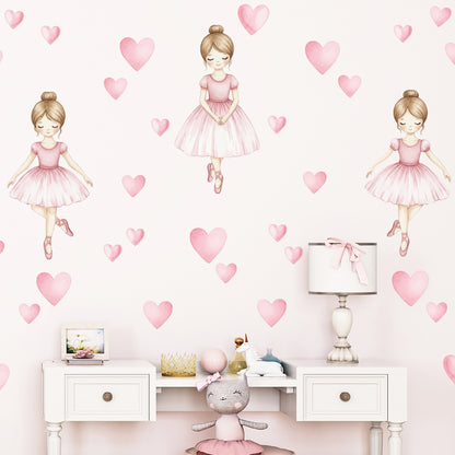 Large Ballerina Wall Stickers with Pink Hearts